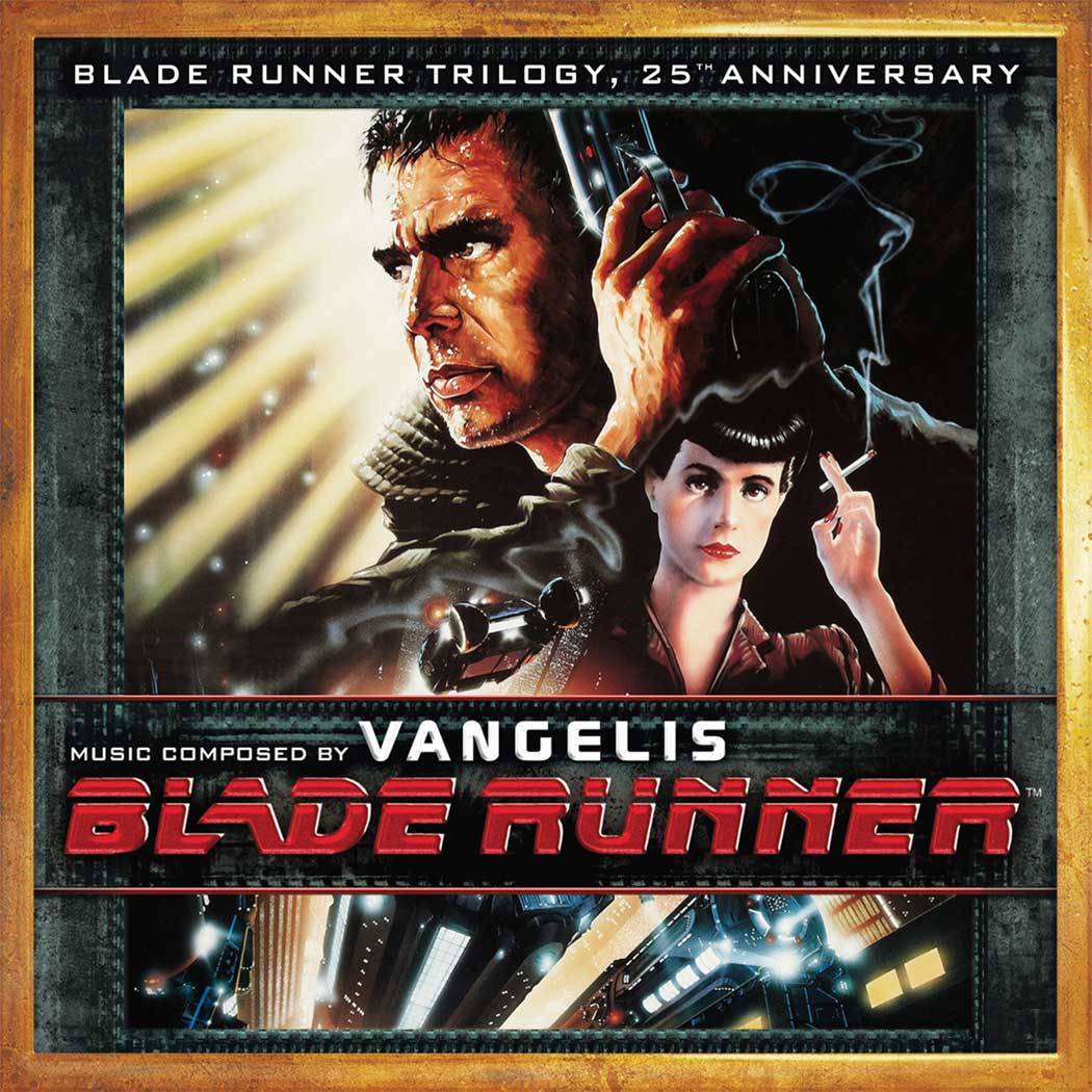 Blade Runner Trilogy, celebrating its 25th anniversary. The cover features a futuristic cityscape and includes the title "Blade Runner Trilogy, 25th Anniversary" and the composer's name, Vangelis.