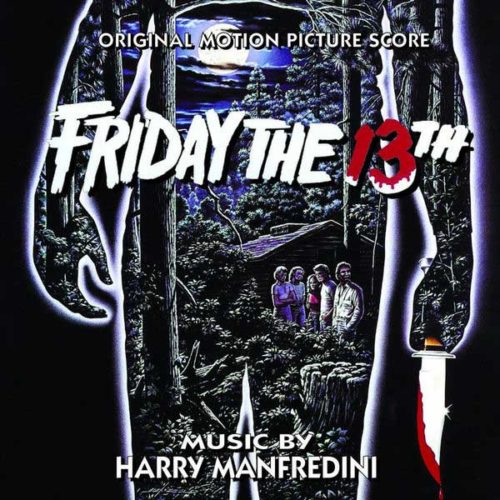 A shadowy figure with a knife stands in a forest, their face obscured. The title "Friday the 13th" is prominently displayed, and the words "Original Motion Picture Score" and "Music by Harry Manfredini" are included below. The image evokes a sense of suspense and horror, referencing the iconic slasher film series.