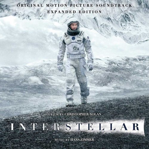 A dark, cosmic image with the title "Interstellar" in a stylized font. The words "Original Motion Picture Soundtrack" and "Expanded Edition" are included. The director, Christopher Nolan, and the composer, Hans Zimmer, are also credited. The image evokes a sense of mystery and vastness, reflecting the film's themes of space exploration and time travel.