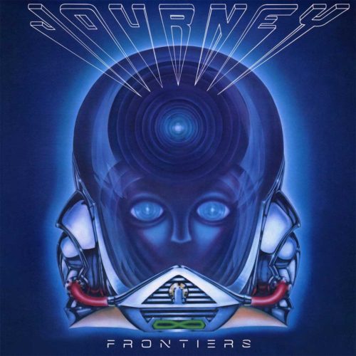 Journey album cover titled "Frontiers," featuring a futuristic, androgynous face with glowing blue eyes and a central eye in its forehead. The face is surrounded by a metallic helmet and tubes.