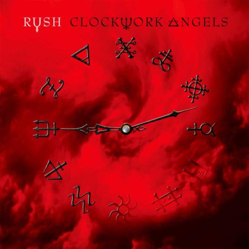 Rush album cover titled "Clockwork Angels," featuring a clock face with various symbols and alchemical signs on a swirling, red background.