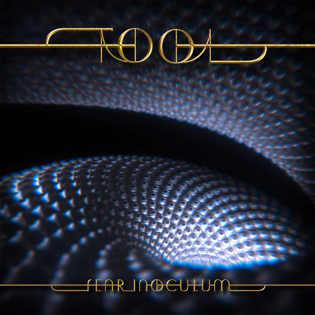 Tool album cover titled "Fear Inoculum," featuring a swirling, abstract pattern of blue and white light, resembling a microscopic organism or a digital glitch. The band name "TOOL" is displayed above the image and the album title "FEAR INOCULUM" is displayed below in gold lettering.