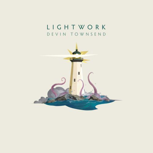 Devin Townsend album cover titled "Lightwork," featuring a lighthouse on a rocky island surrounded by crashing waves. Tentacles emerge from the water around the lighthouse, and a bright light shines from the top.