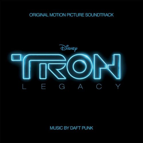 A neon blue "TRON: LEGACY" title against a dark background. The words "Original Motion Picture Soundtrack" and "Music by Daft Punk" are included, along with the Disney logo. The image evokes a futuristic, electronic atmosphere, reflecting the film's themes.